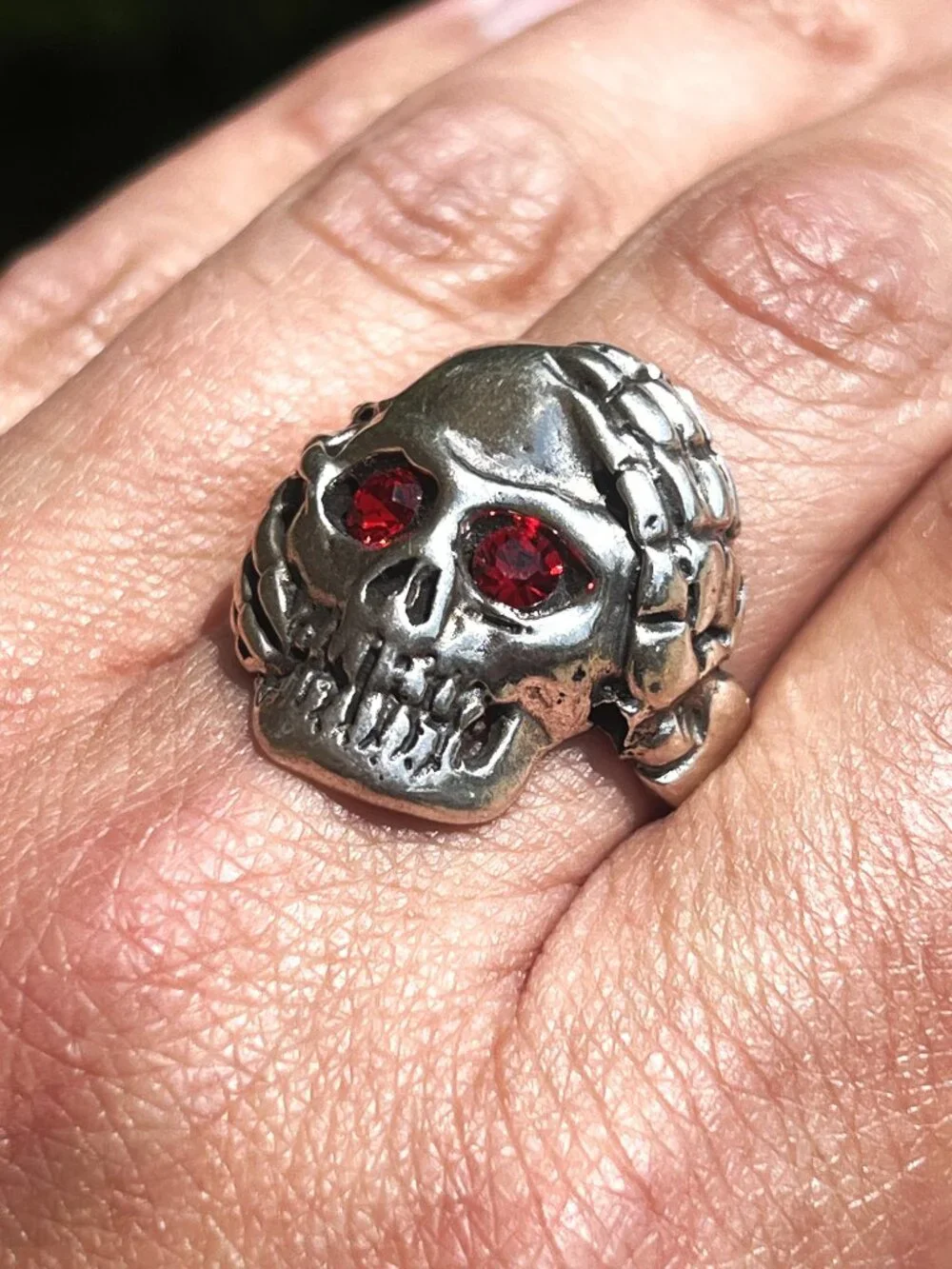 925 Silver Men's Gothic Skull Ring w/ Red Crystal Eyes & Skeleton Hands - Sz. 12